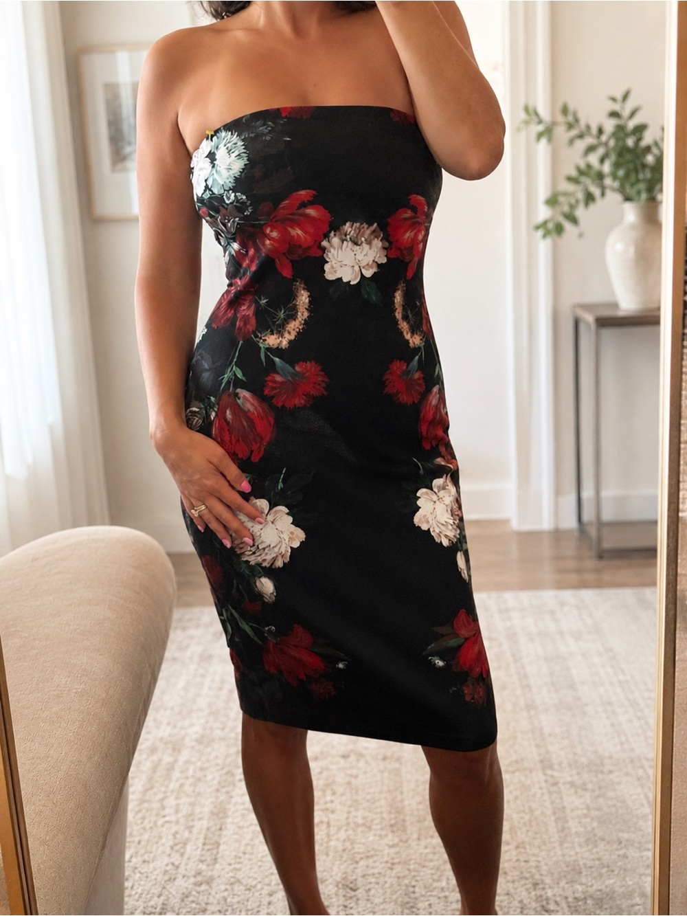 Express Strapless Black Dress with Red & White Floral Print